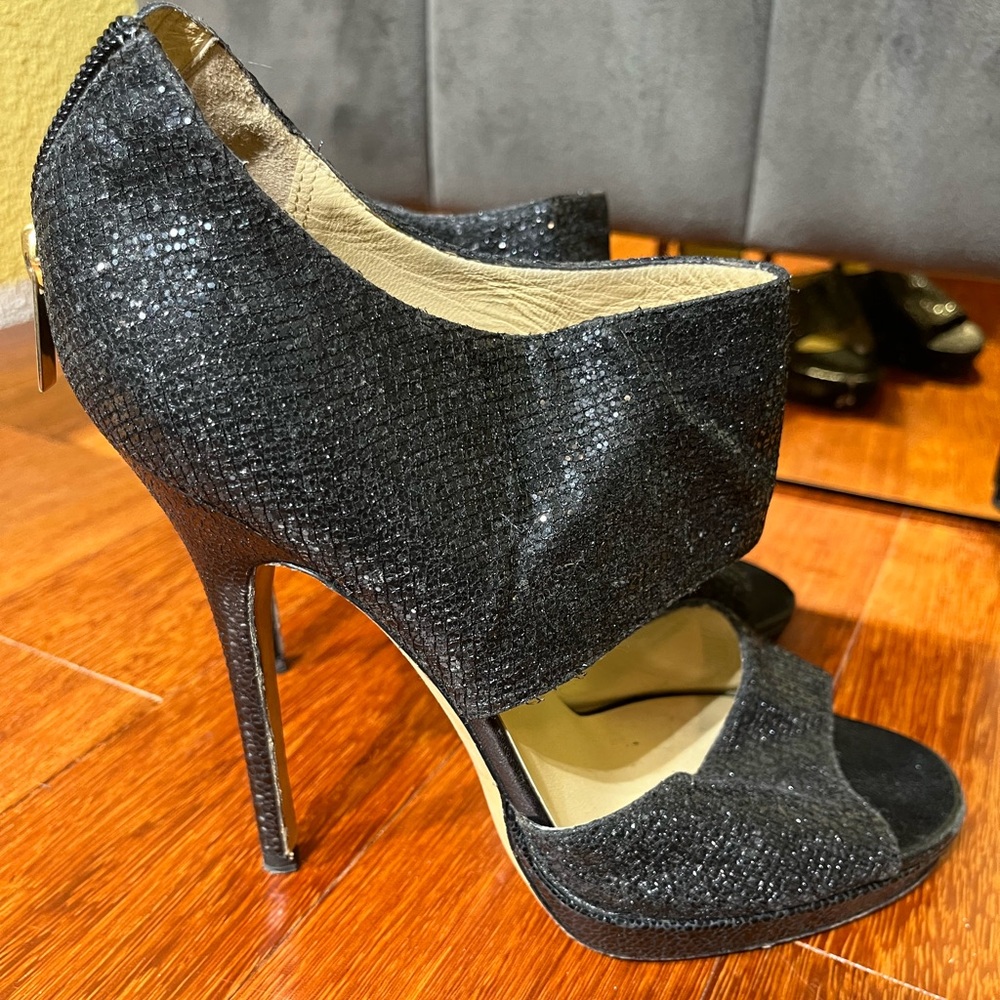 Jimmy Choo Black Glitter Private Platform Sandals Celebrity Designer Size 9